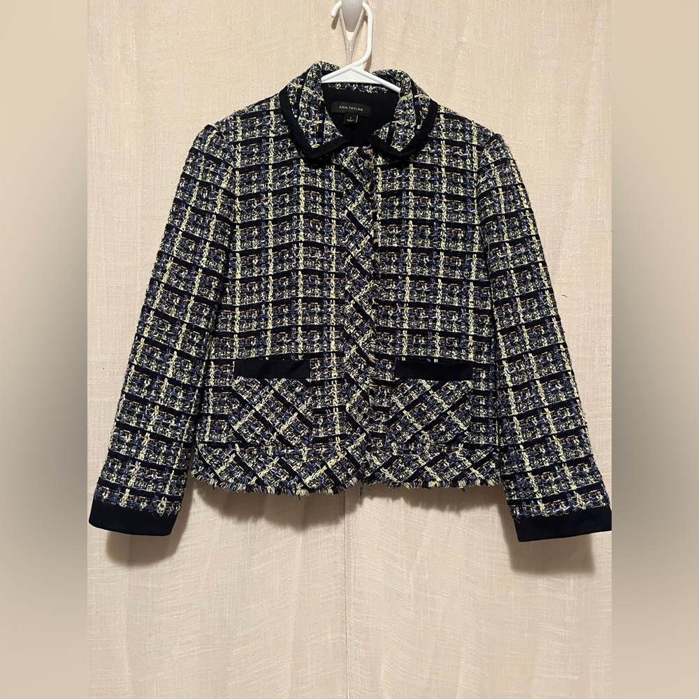 Ann Taylor Tweed Zip Front Jacket Size 6 – Navy/Yellow/Black/Green